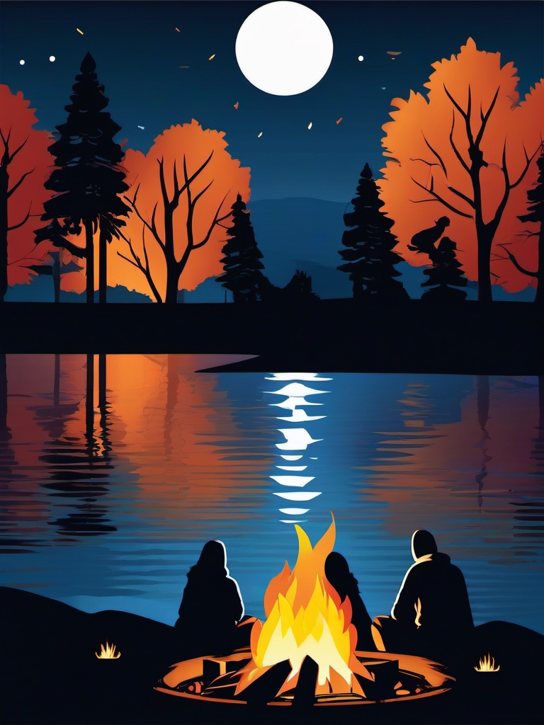 Bonfire at the Lake clipart - People gathering around a lakeside bonfire at night., ,vector color clipart,minimal