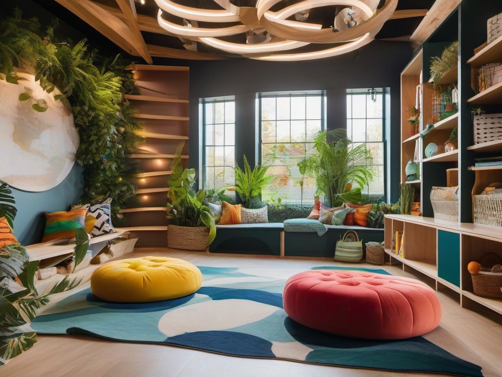 Biophilic interior design in the playroom includes colorful natural materials, indoor greenery, and ample light, creating a vibrant space that encourages creativity and imagination.  