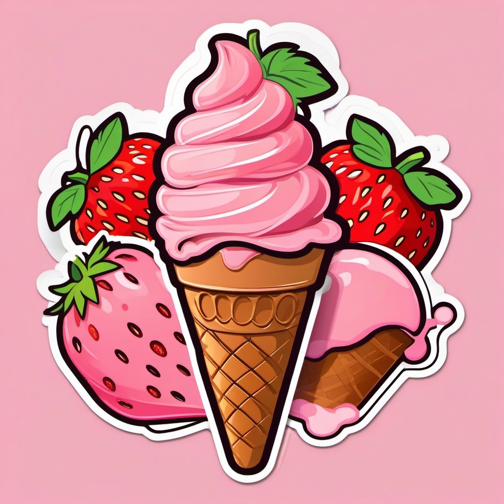 Strawberry Ice Cream Sticker - Summery treat, ,vector color sticker art,minimal