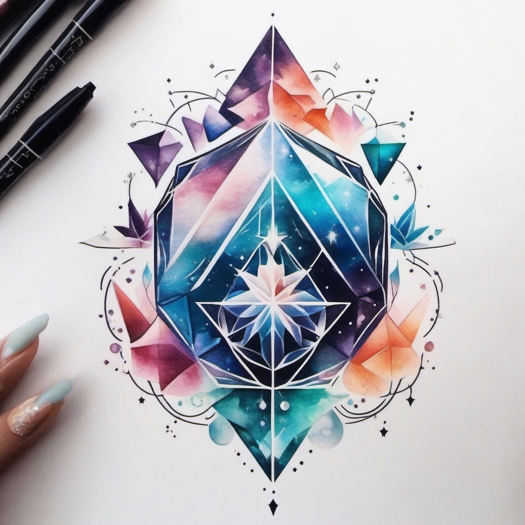 Crystal Tattoo-Crystalized celestial elements tattoo, combining the mystical with the earthly. Colored tattoo designs, minimalist, white background.  color tattoo style, minimalist, white background