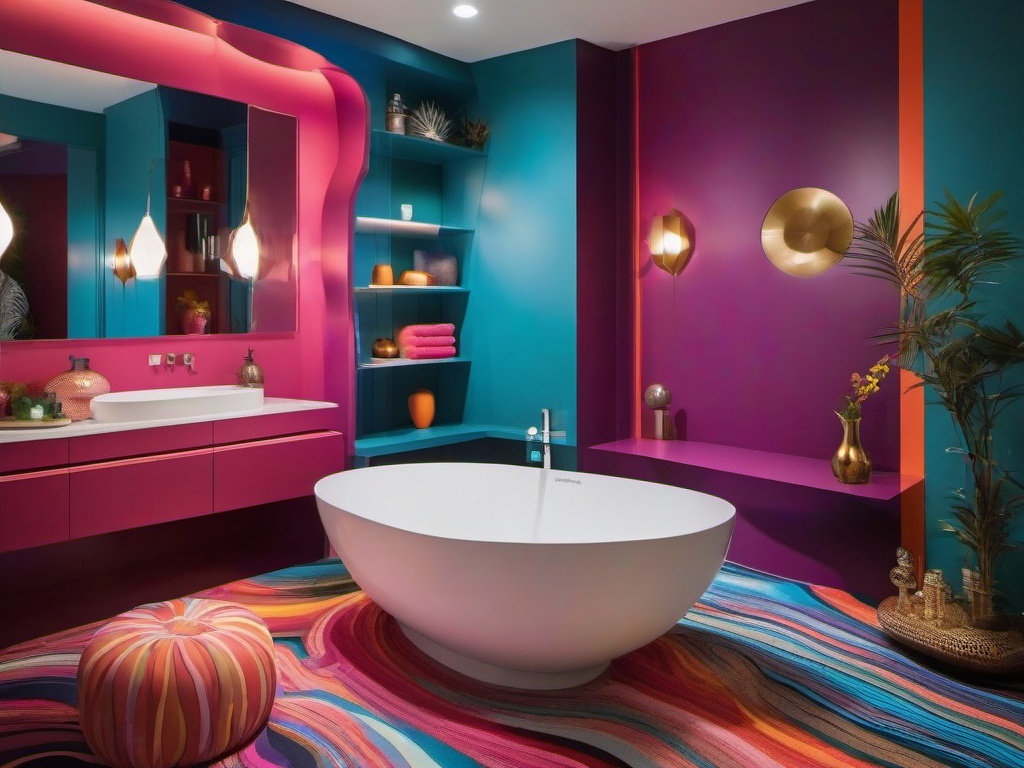 A master bathroom with psychedelic interior design incorporates bold colors, whimsical fixtures, and playful accents that transform the space into an imaginative retreat for relaxation.  