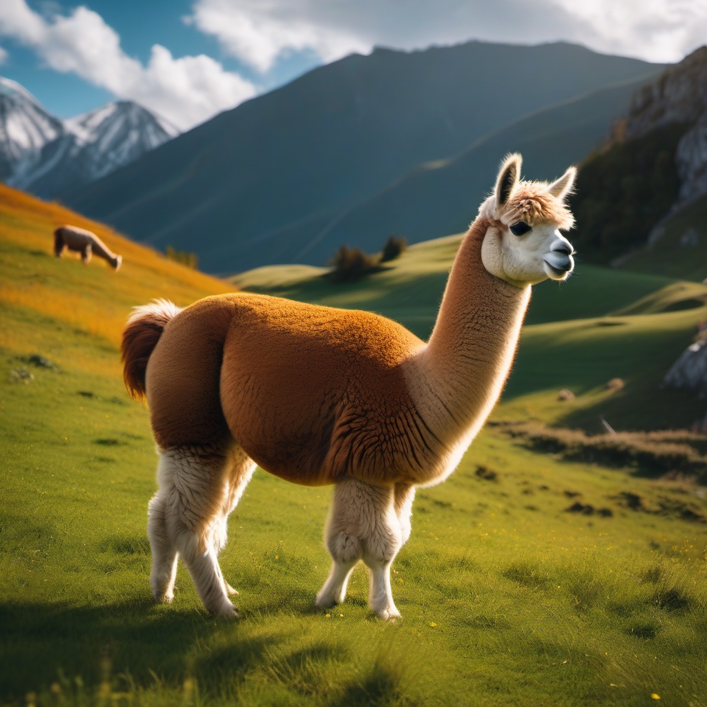 Cute Alpaca Grazing in a Mountain Meadow 8k, cinematic, vivid colors