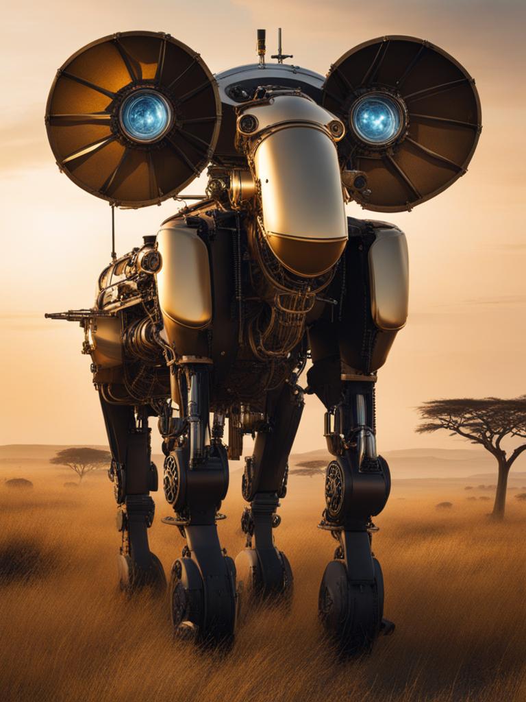 steampunk safari: robotic beasts roaming serengeti plains 