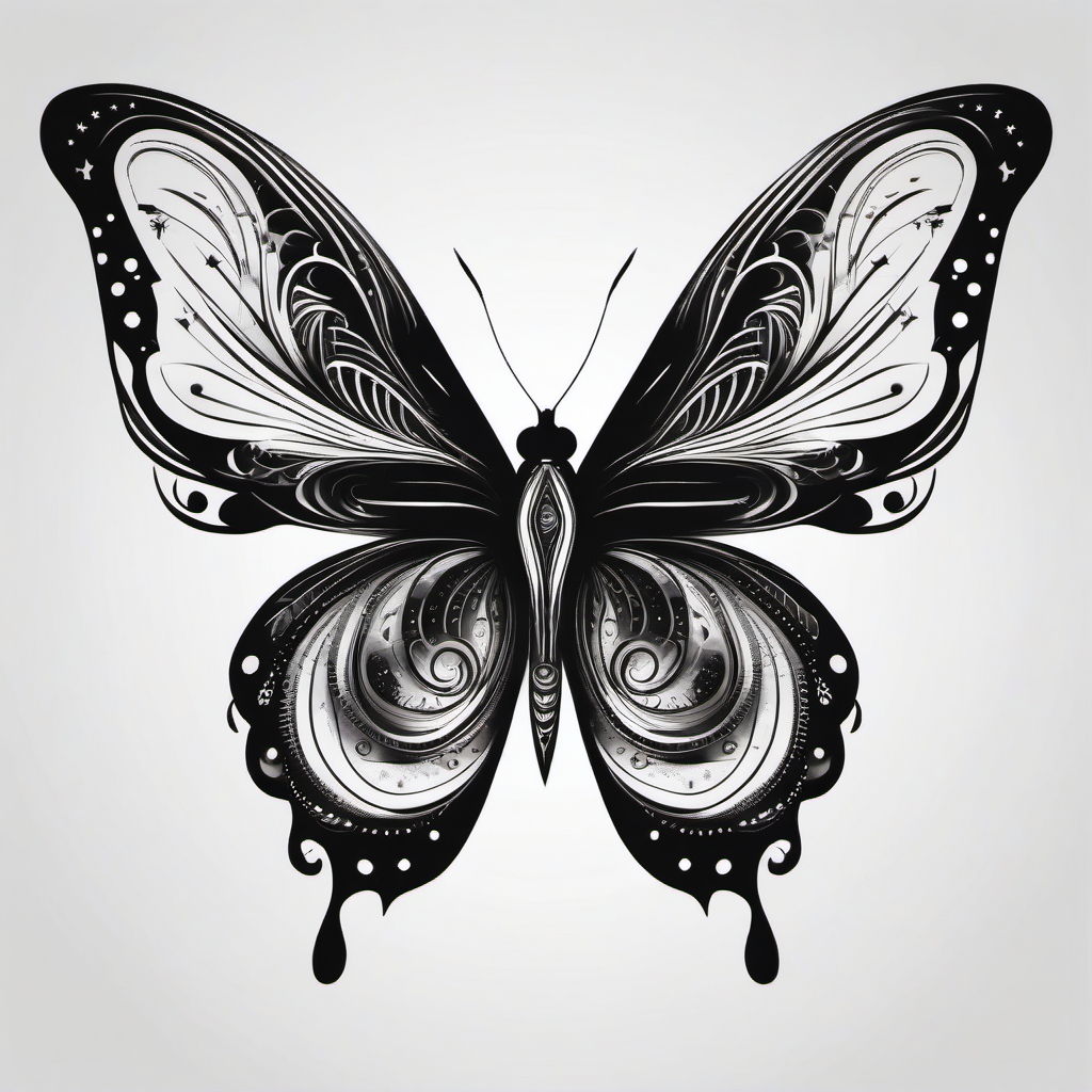 Butterfly with celestial patterns tattoo. Cosmic wings in ink.  minimalist black white tattoo style