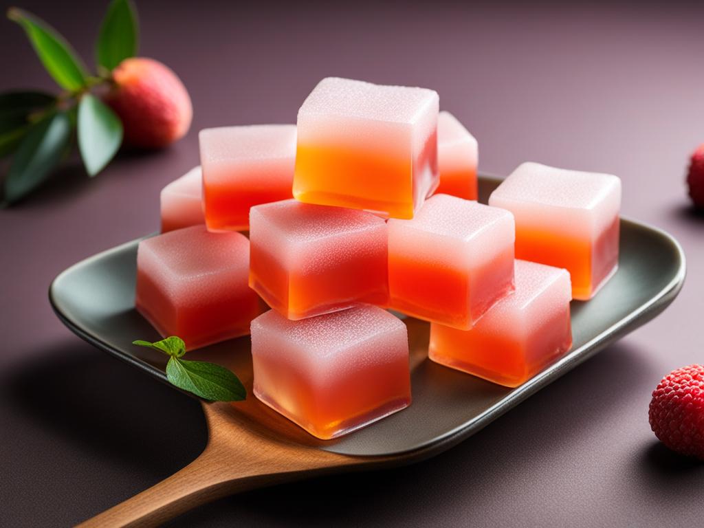 lychee jelly, translucent jelly cubes with lychee flavor (popular in taiwan). 