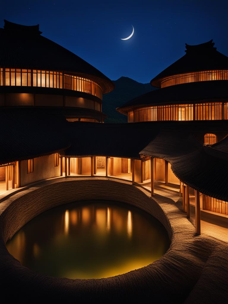 tulou clusters - create a scene of the unique tulou earthen buildings at night, with their circular architecture and intricate details bathed in warm light. 