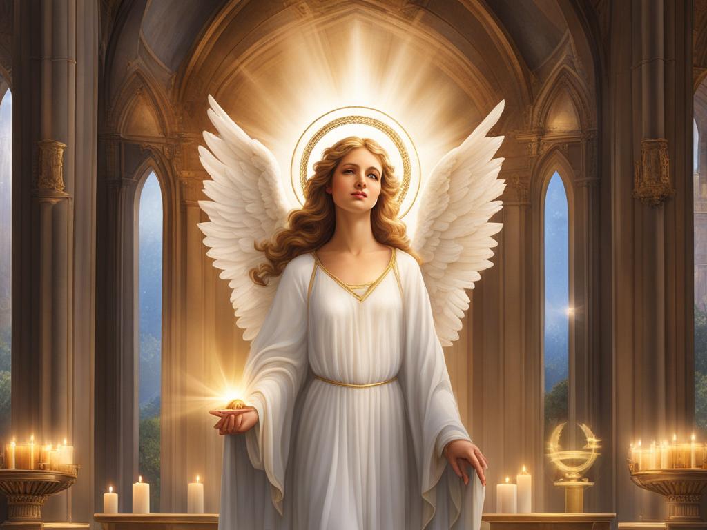 angel clipart - a serene angel, with celestial wings and a radiant halo, watching over a cathedral's altar 