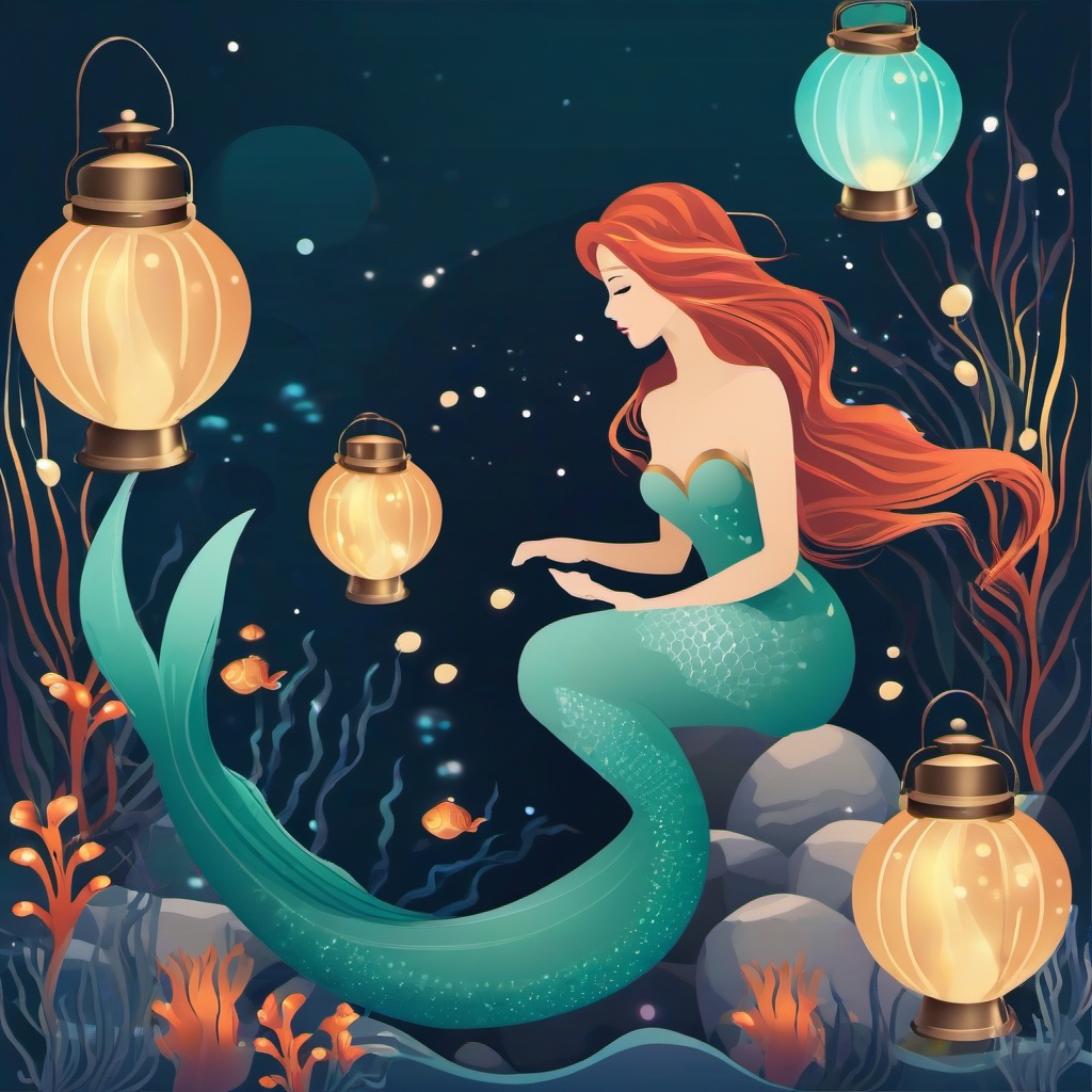 Mermaid clipart - mermaid with glowing lanterns in the ocean  color,minimalist,vector clipart