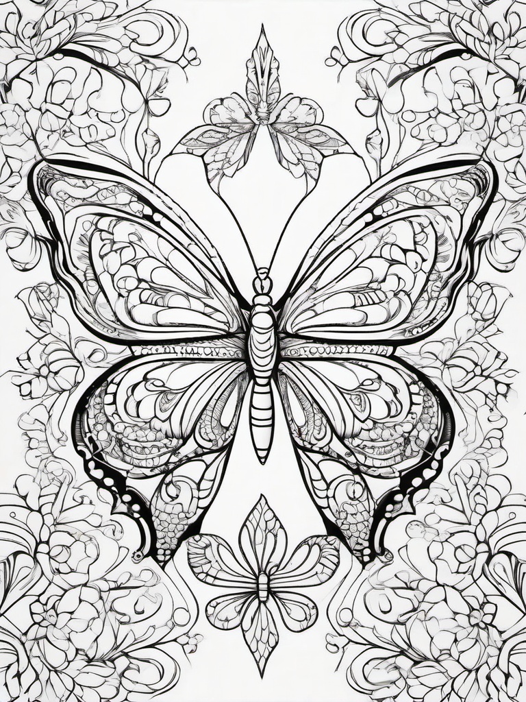 Whimsical Butterflies Coloring Pages - Fantasy Designs with Unique Patterns  minimal black outline printable sheet, coloring page