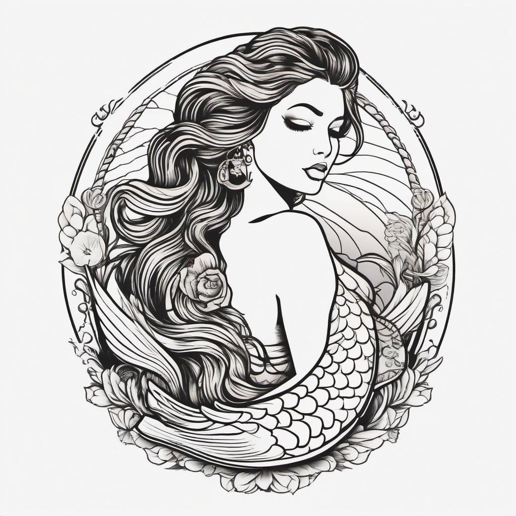 Mermaid Tattoo Sailor - Embrace maritime traditions with a Sailor-themed mermaid tattoo.  simple vector color tattoo,minimal,white background