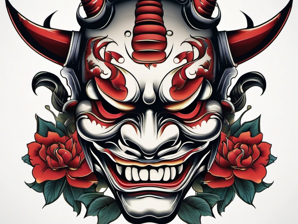 Hannya Mask Tattoo-Traditional Japanese tattoo featuring the Hannya mask, capturing the essence of Japanese artistry.  simple color tattoo,white background