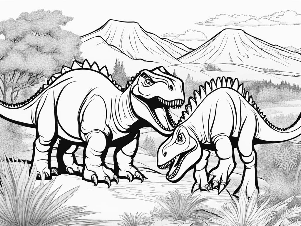 dinosaur coloring pages - a group of friendly dinosaurs roam a prehistoric landscape. 