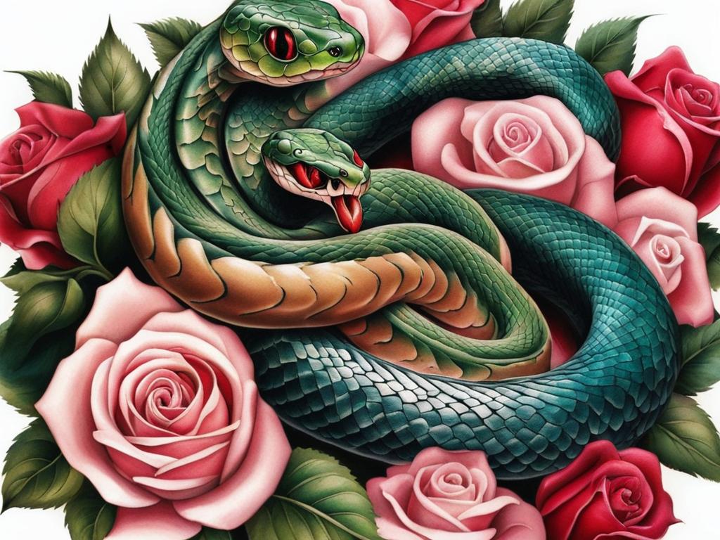 Snake with rose tattoo, Tattoos that blend the symbolism of snakes with the beauty of roses.  vivid colors, white background, tattoo design