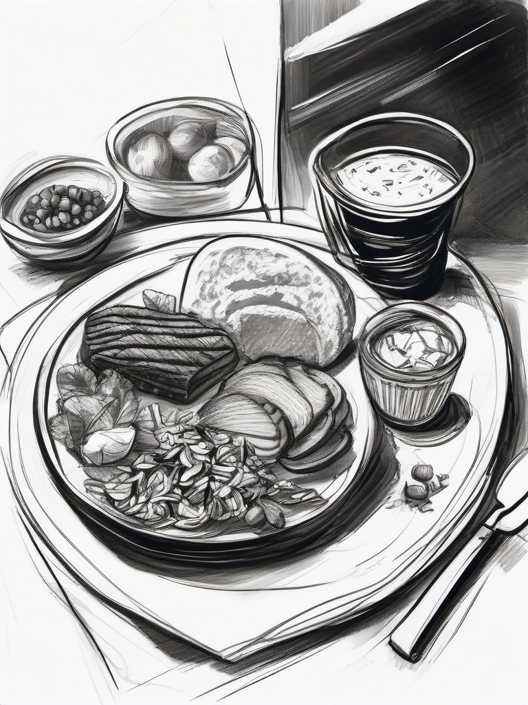 drawing of a delicious meal  minimal rough sketch scribbles,doodles,black and white