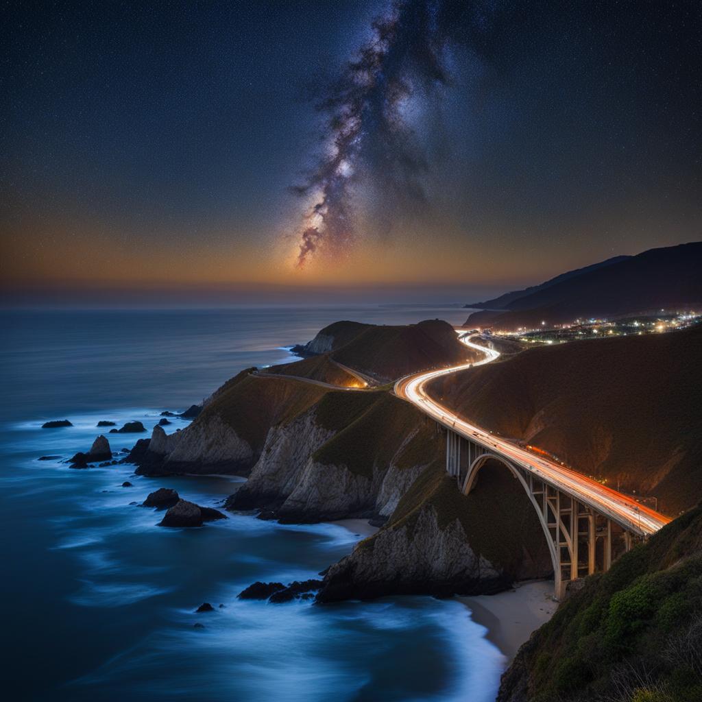 pacific coast highway, usa - capture the coastal magic of the pacific coast highway, with its rugged cliffs and ocean views under a starry night. 