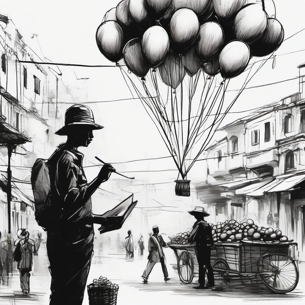 drawing of a balloon seller  minimal rough scribbles,doodles,black and white