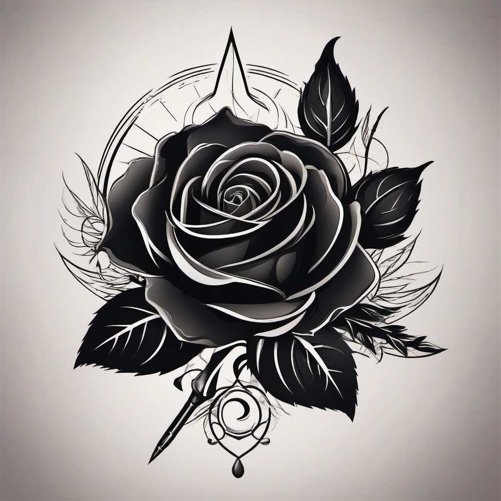 Black Rose and Dagger Tattoo-Expression of mystery and danger with a black rose and dagger tattoo, capturing the essence of dark beauty.  simple vector color tattoo