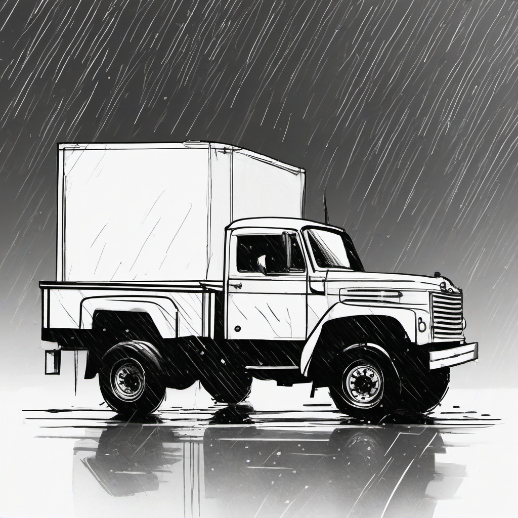 drawing of a truck in the rain  minimal rough sketch scribbles,doodles,black and white