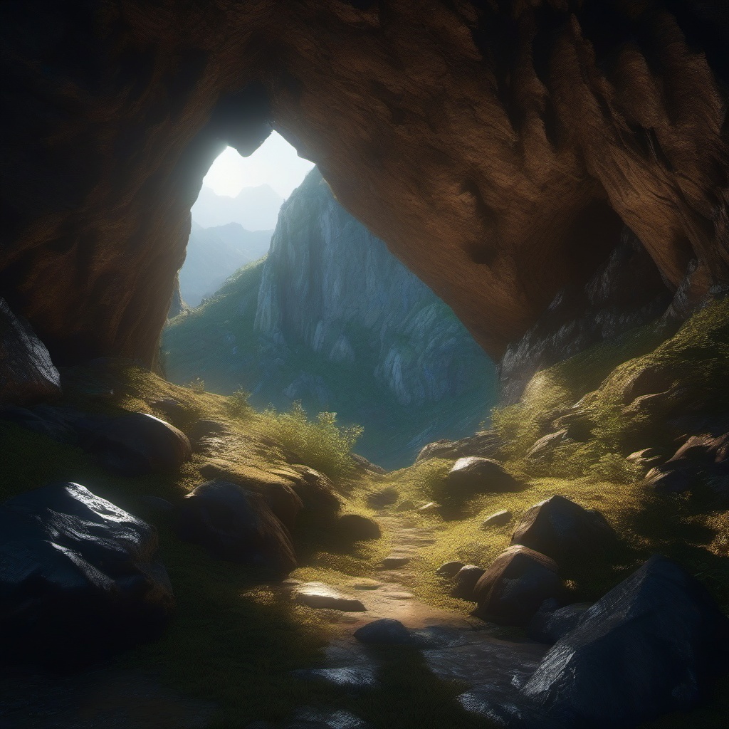 Hidden cave in the mountains conceals an entrance to an underground world inhabited by mythical creatures.  8k, hyper realistic, cinematic