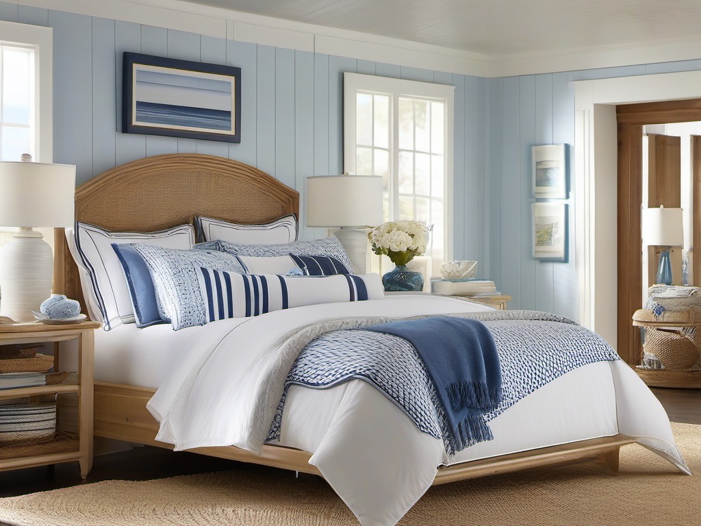 Nautical bedroom features blue and white bedding, beach-themed decor, and light wooden furniture, creating a fresh and inviting seaside retreat.  