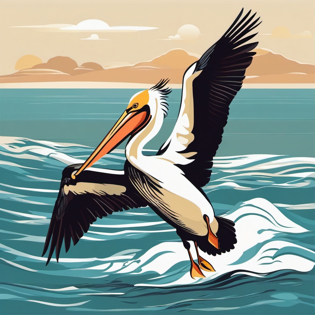 Pelican clipart - Large water bird gliding over the ocean, ,color clipart vector style