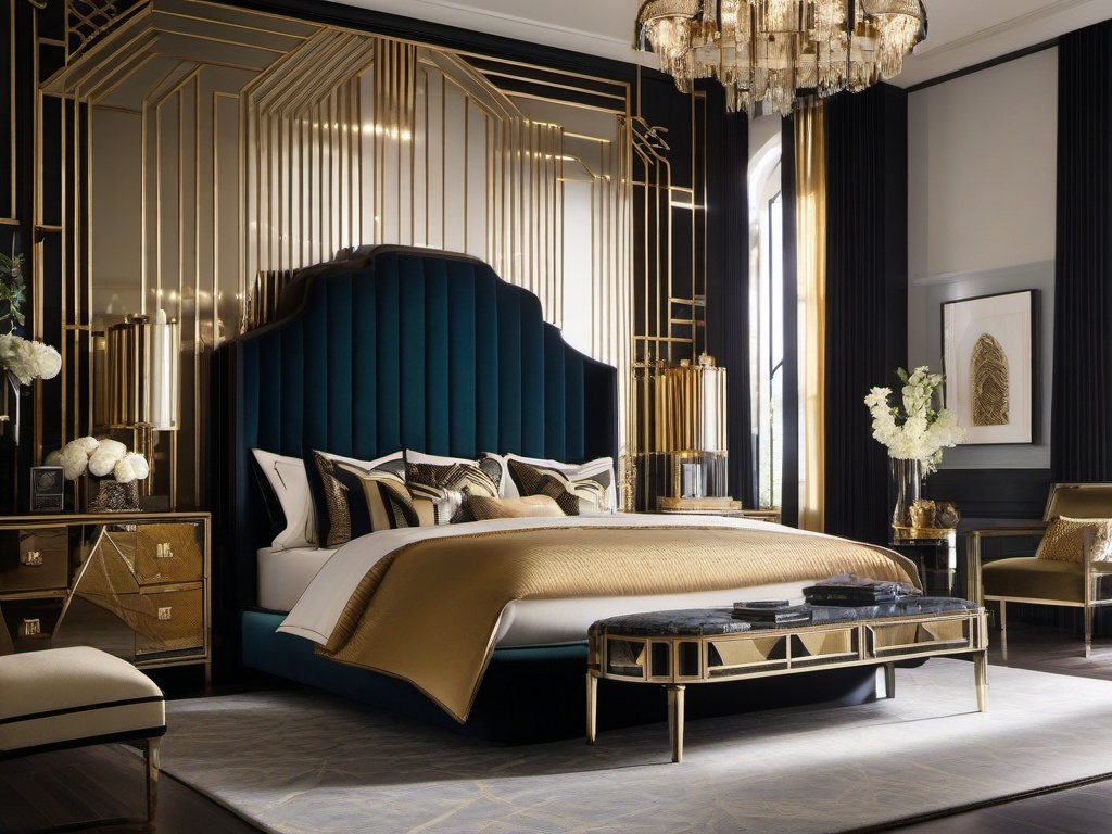 Art Deco bedroom boasts bold geometric patterns, luxurious gold accents, and mirrored furniture for a glamorous, vintage-inspired feel.  