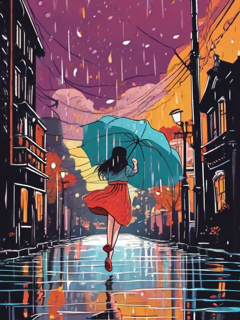 girl far away dancing in rain Ghibli  , vector illustration, clipart