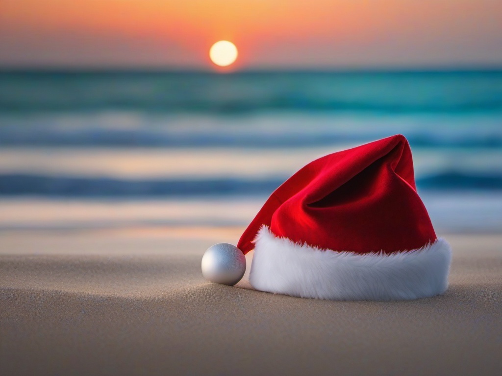 Christmas wallpaper - Santa hat on a beach with a tropical ocean in the background  aesthetic background wallpaper