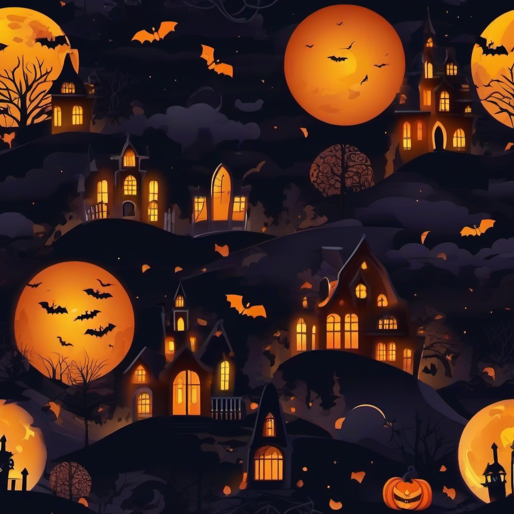 Halloween Night Wallpaper Spooky Ambiance with Haunted Scenes and Moonlit Nights wallpaper splash art, vibrant colors, intricate patterns