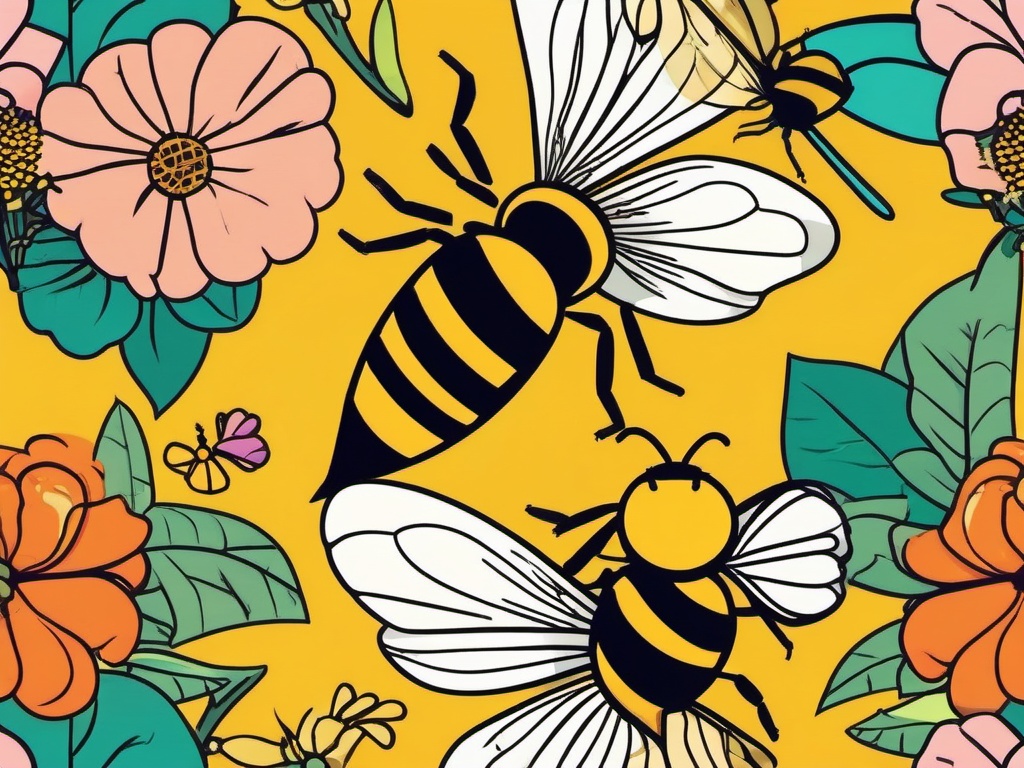 Bee Clip Art - Buzzy bee collecting nectar from a flower,  color vector clipart, minimal style