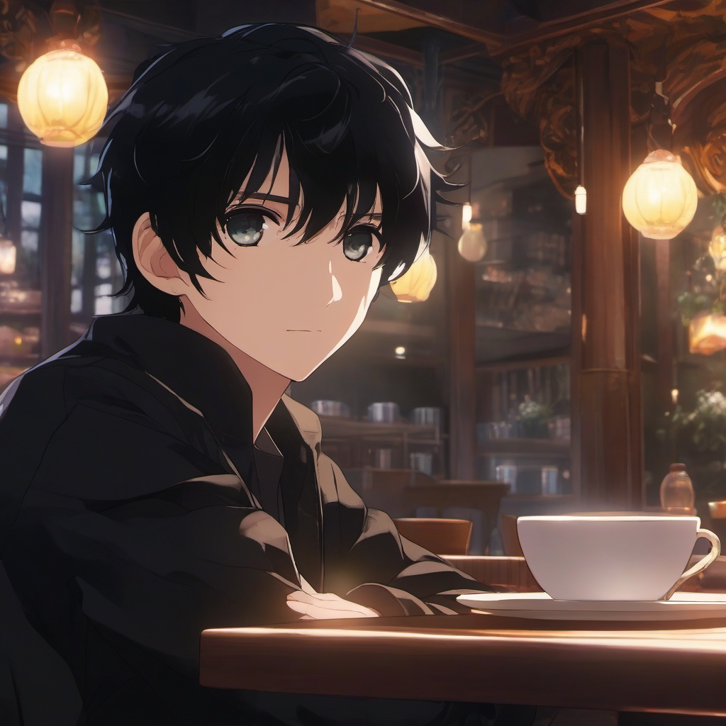 Front facing face, boy with black hair, round eyes in a hidden magical cafe.  close shot of face, face front facing, profile picture pfp, anime style