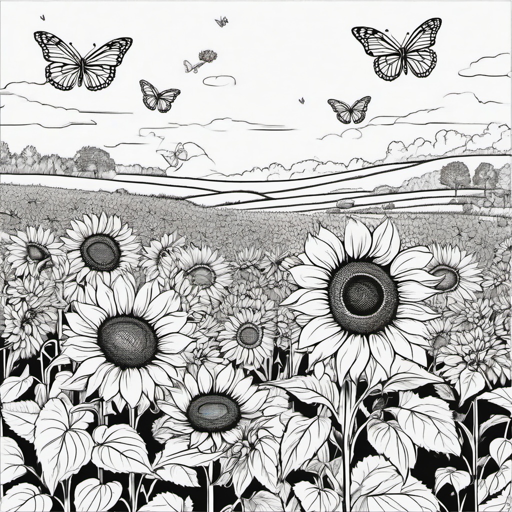 Sunflower field with butterflies fluttering around  simple coloring pages