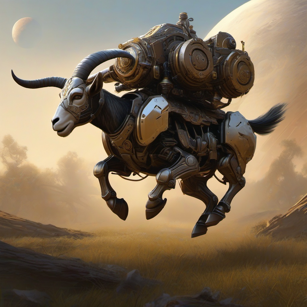 Warforged goat, jumping through field of mechanical planet. 