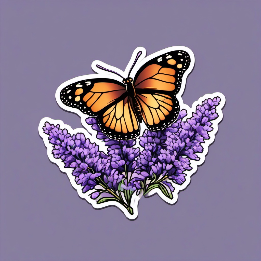 Butterfly and Lavender Sticker - Butterfly near blooming lavender flowers, ,vector color sticker art,minimal