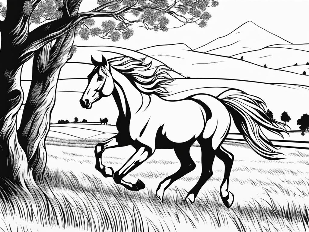 horse coloring pages - horses gallop freely across a picturesque meadow. 