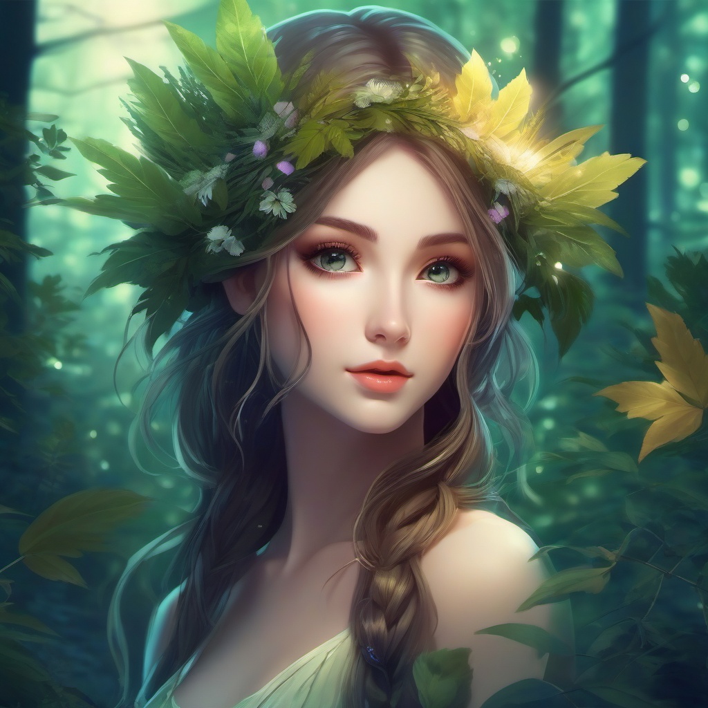 Enchanted forest nymph in a mystical forest.  front facing ,centered portrait shot, cute anime color style, pfp, full face visible