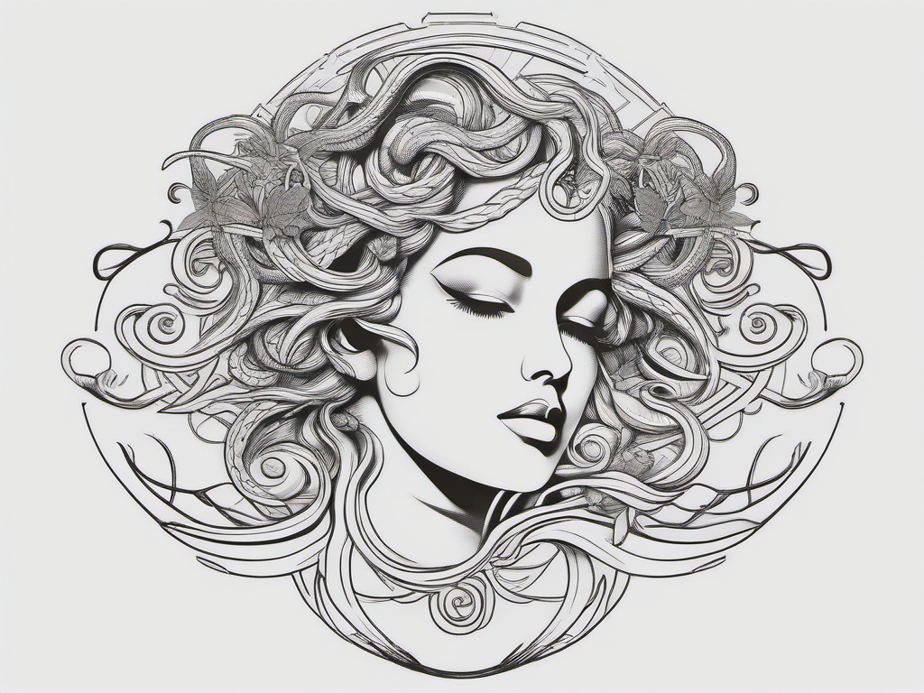 Medusa Fine Line Tattoo - Opt for delicacy and precision with a fine line Medusa tattoo, featuring intricate details and elegant linework.  simple vector color tattoo,minimal,white background