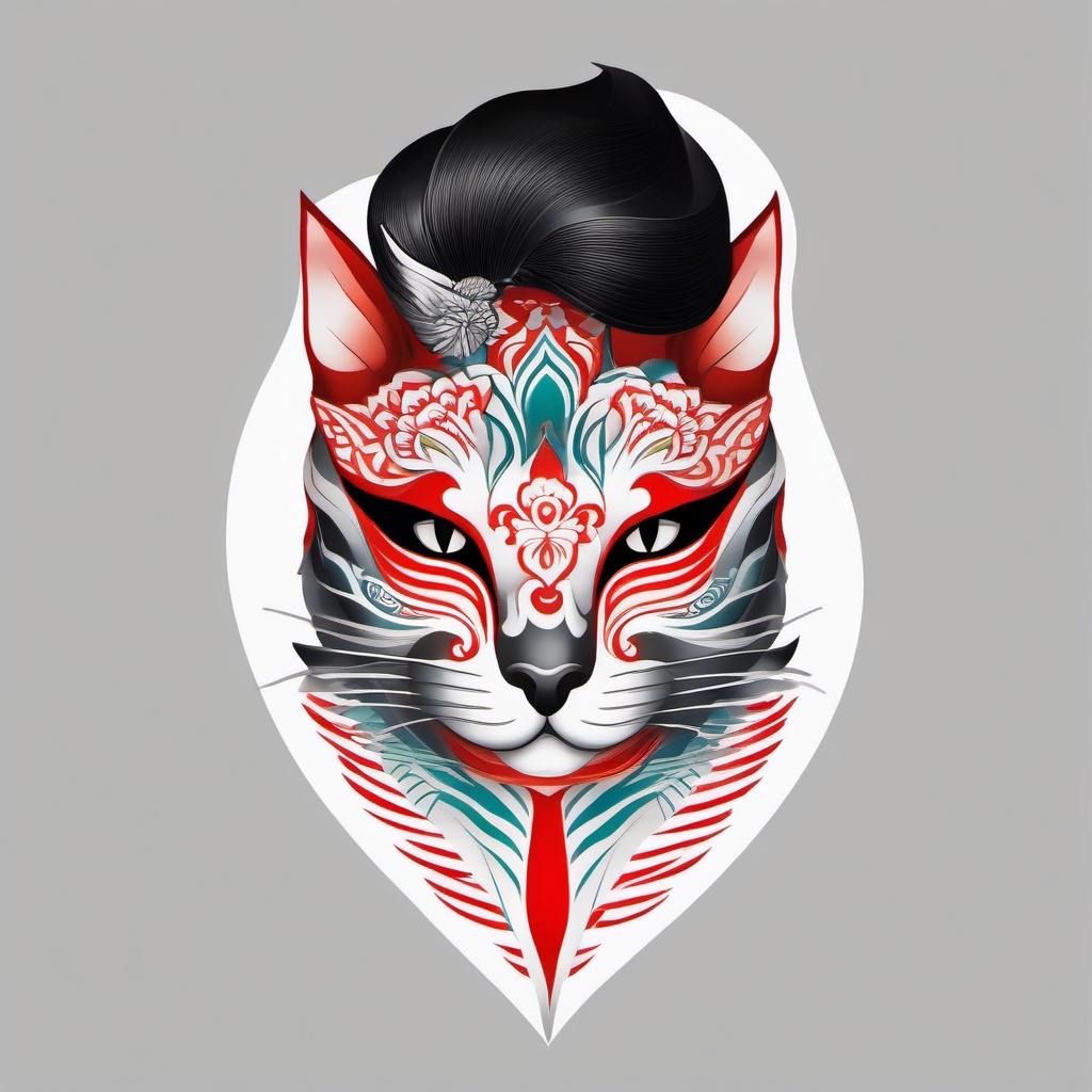 cat mask japanese tattoo  simple color tattoo,white background,minimal