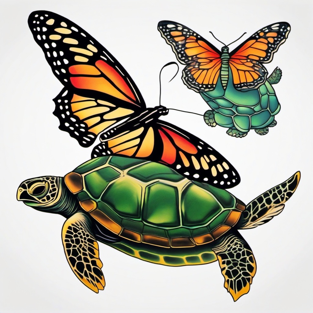 butterfly and turtle tattoo  simple color tattoo, minimal, white background