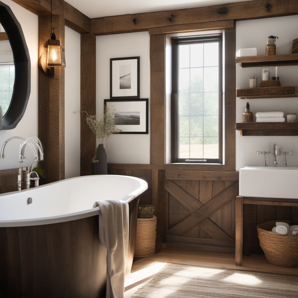 Modern Country Bathroom - Modern country bathroom with rustic wood and a neutral color palette. realistic, professional photography, bokeh, natural lighting, canon lens, shot on dslr 64 megapixels sharp focus