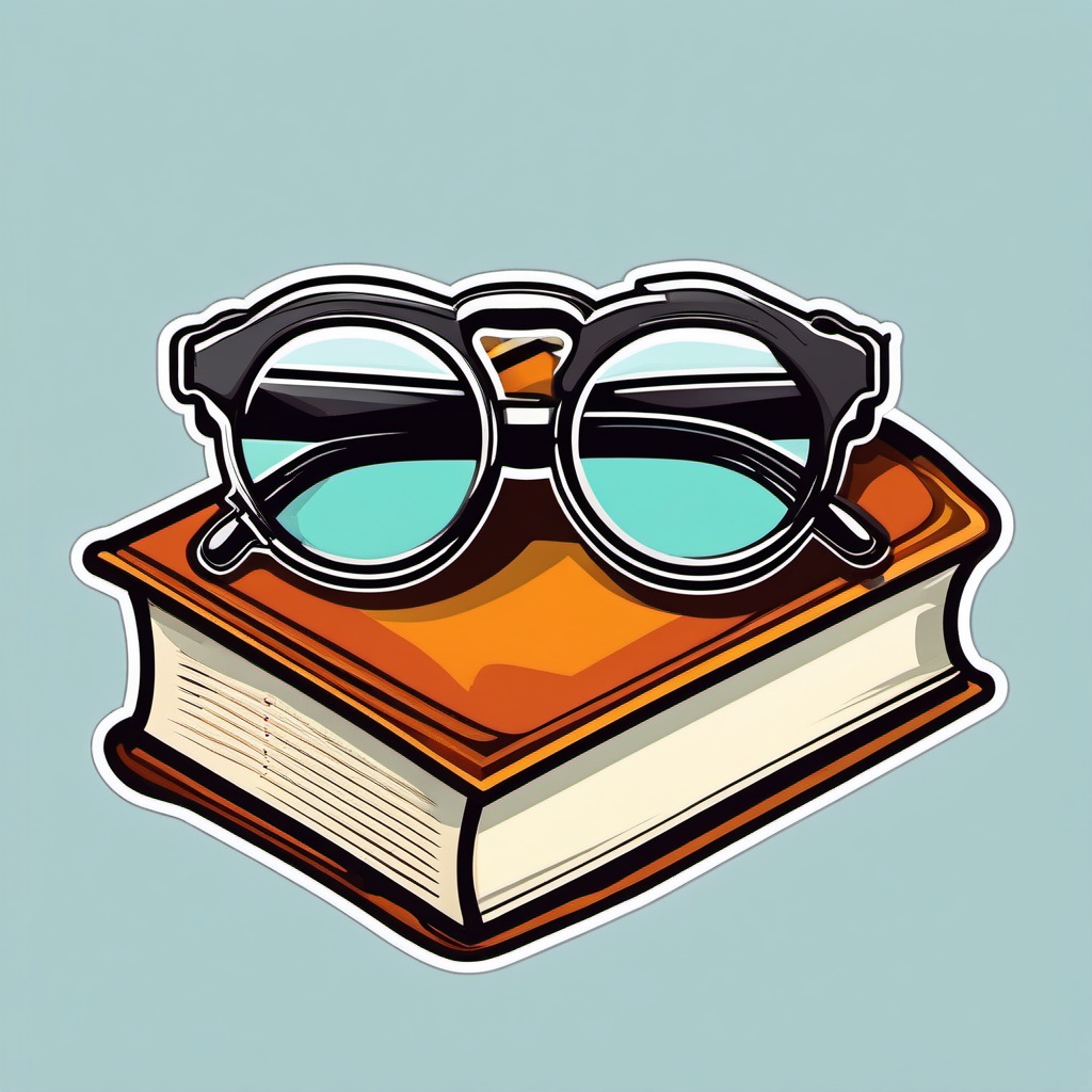 Book and Glasses Sticker - Open book with stylish reading glasses, ,vector color sticker art,minimal