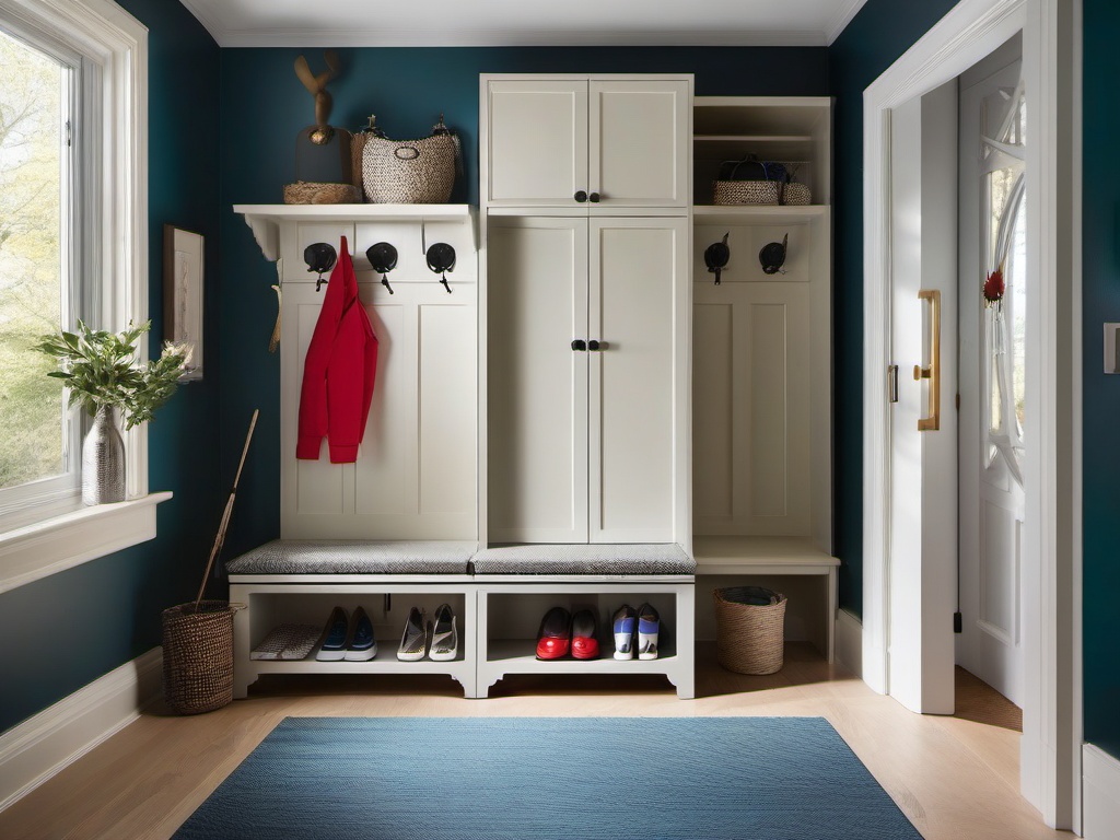 A mudroom designed with surrealist interior design includes playful hooks, imaginative storage solutions, and vibrant colors that make coming and going a unique experience.  