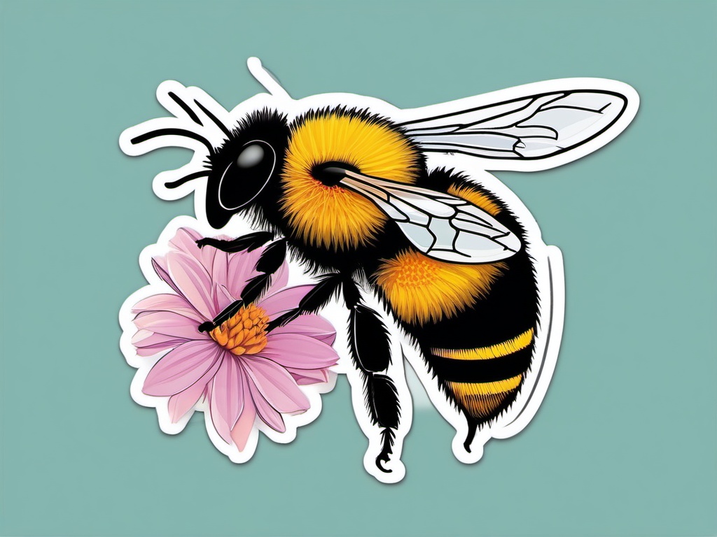 Bee with Flower Sticker - Bee hovering near a blooming flower, ,vector color sticker art,minimal