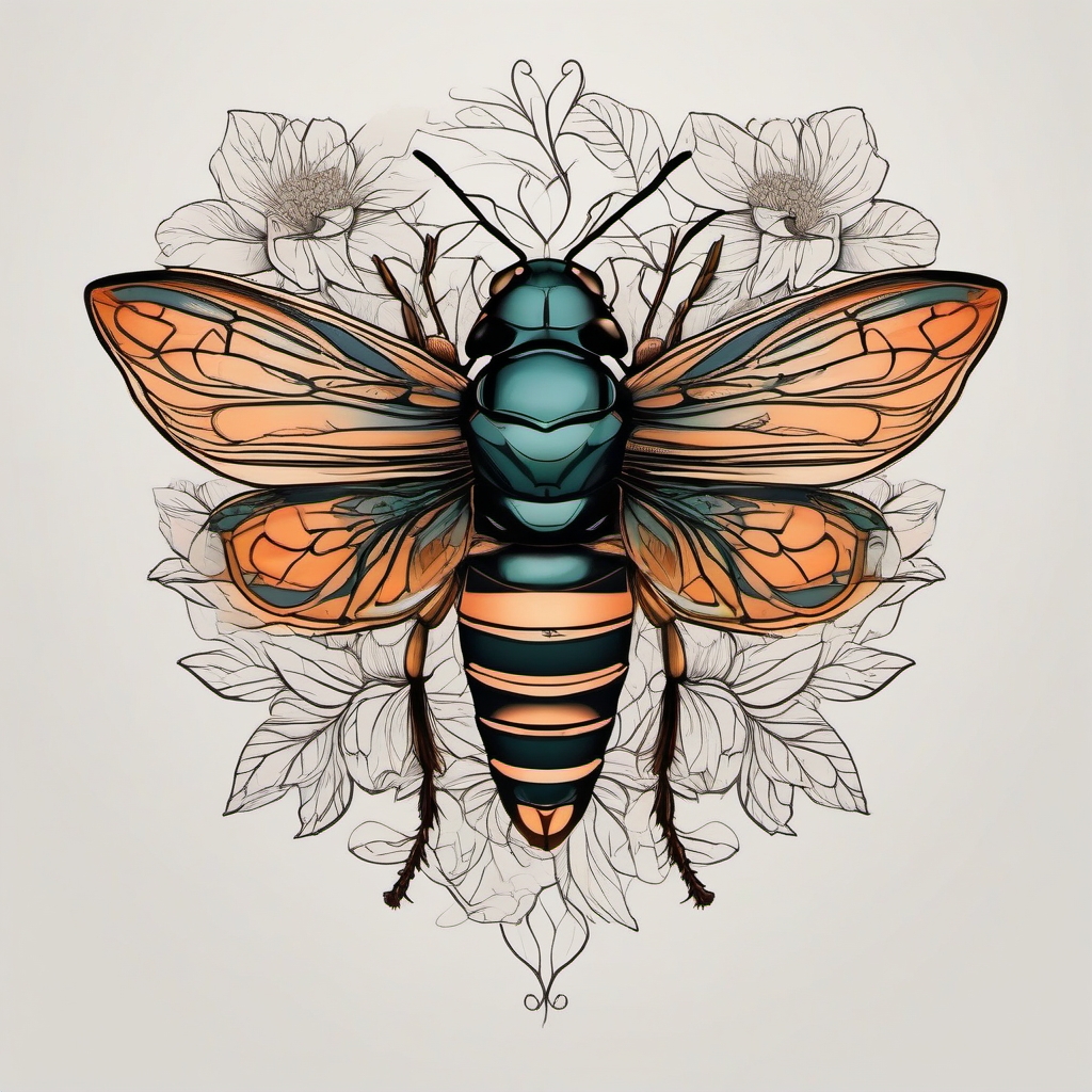 Cicada with floral details ink: Blooms entwined with the insect's ethereal presence.  simple color tattoo style