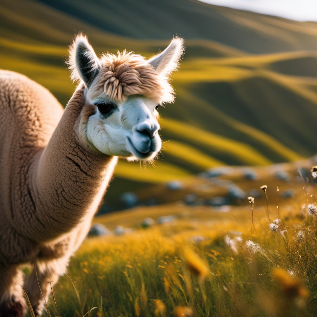 Cute Alpaca Grazing in a Mountain Meadow 8k, cinematic, vivid colors