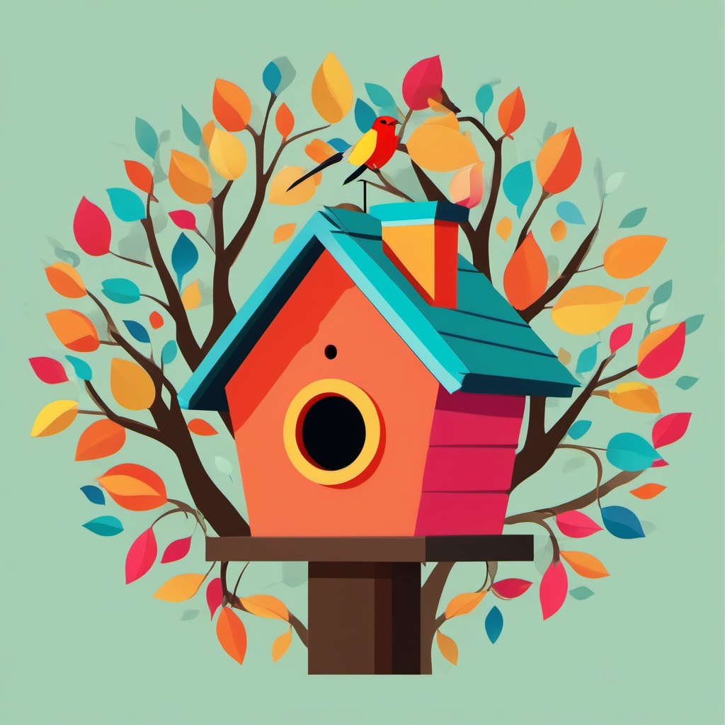 Birdhouse clipart - A colorful birdhouse in a tree, ,vector color clipart,minimal