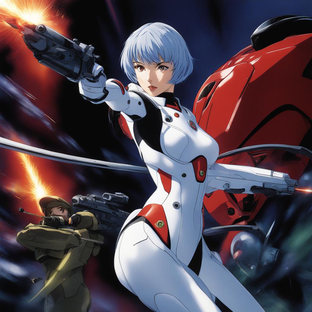 rei ayanami controls eva unit 00 during a high-stakes battle against mysterious beings. 