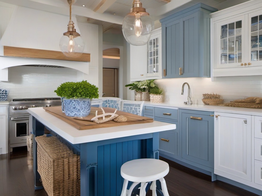 Nautical kitchen showcases blue and white cabinetry, beach-themed decor, and light wood accents that evoke a breezy seaside atmosphere.  