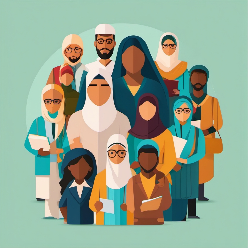 Inclusive featuring a Muslim teacher, embracing diversity in education.  color vector art,clipart,minimal