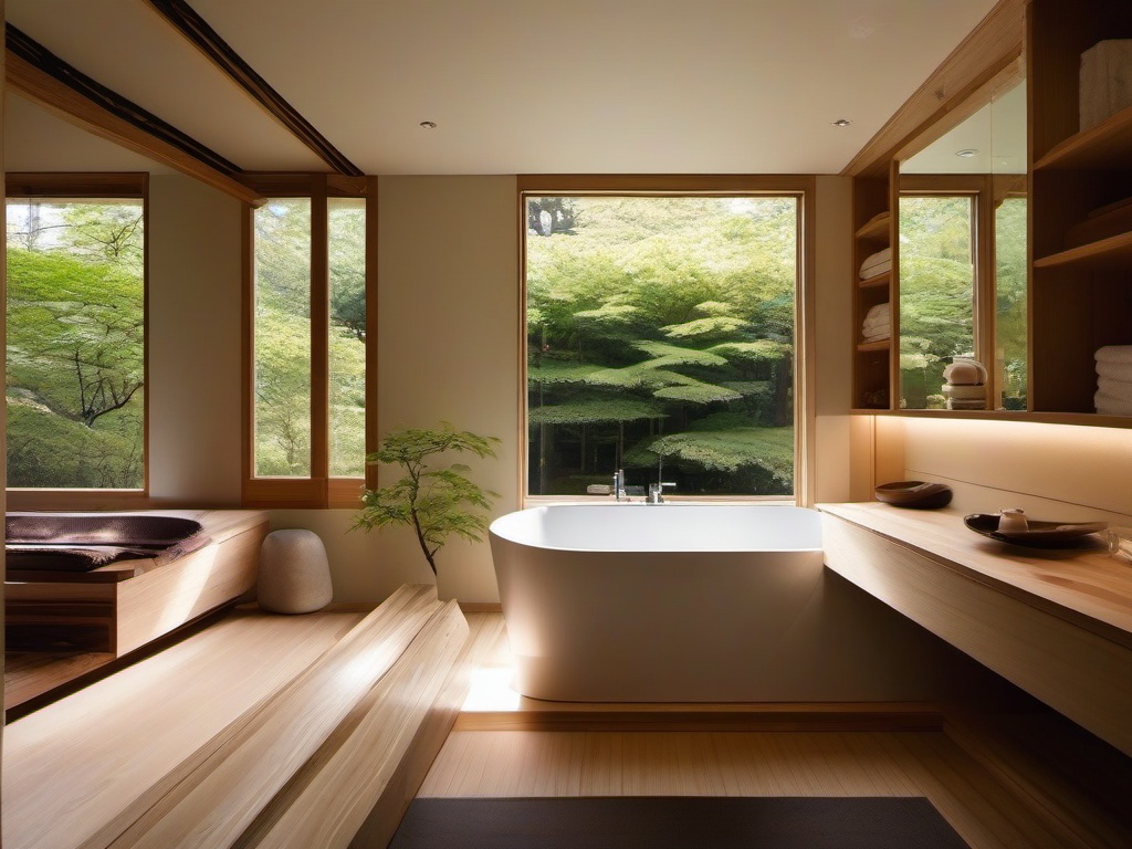 Japanese small bathroom showcases clean lines, natural materials, and a compact soaking tub, promoting a serene and harmonious environment.  